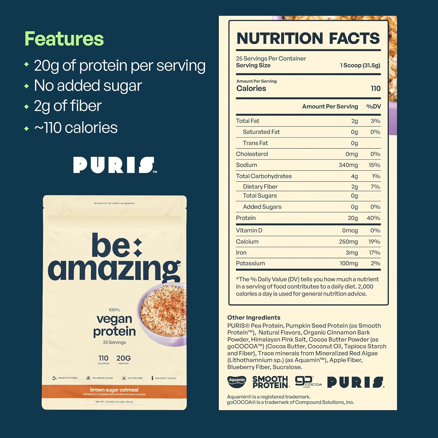 BEAM Be Amazing Vegan Protein Powder - Plant-Based, Prebiotic Fiber, Low Carb, Non-Dairy Smoothie Mix - Brown Sugar Oatmeal Flavor