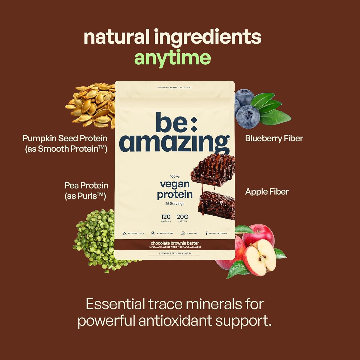 BEAM Be Amazing Vegan Protein Powder: Chocolate Brownie Batter, 20g Plant-Based Protein, Prebiotics, Sugar & Gluten-Free, Low Carb Smoothie Mix - 25 Servings