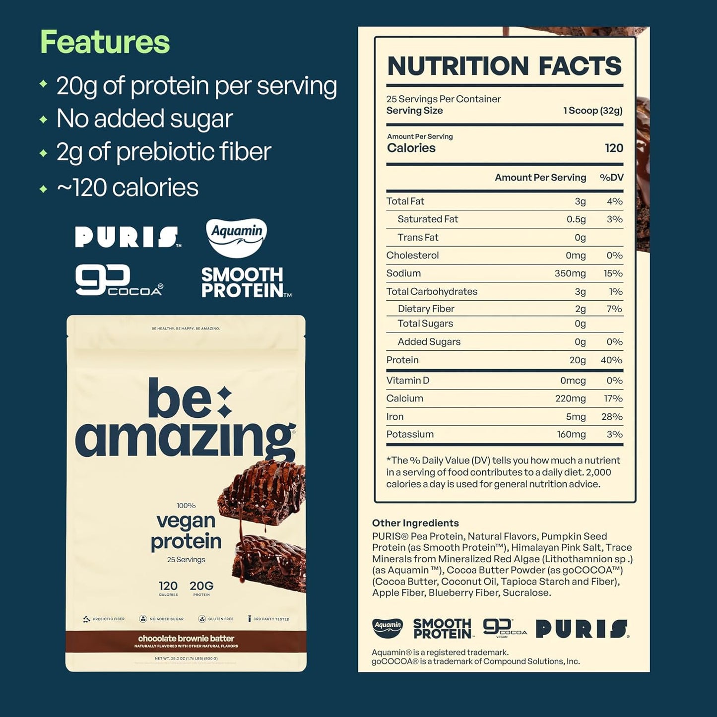 BEAM Be Amazing Vegan Protein Powder: Chocolate Brownie Batter, 20g Plant-Based Protein, Prebiotics, Sugar & Gluten-Free, Low Carb Smoothie Mix - 25 Servings