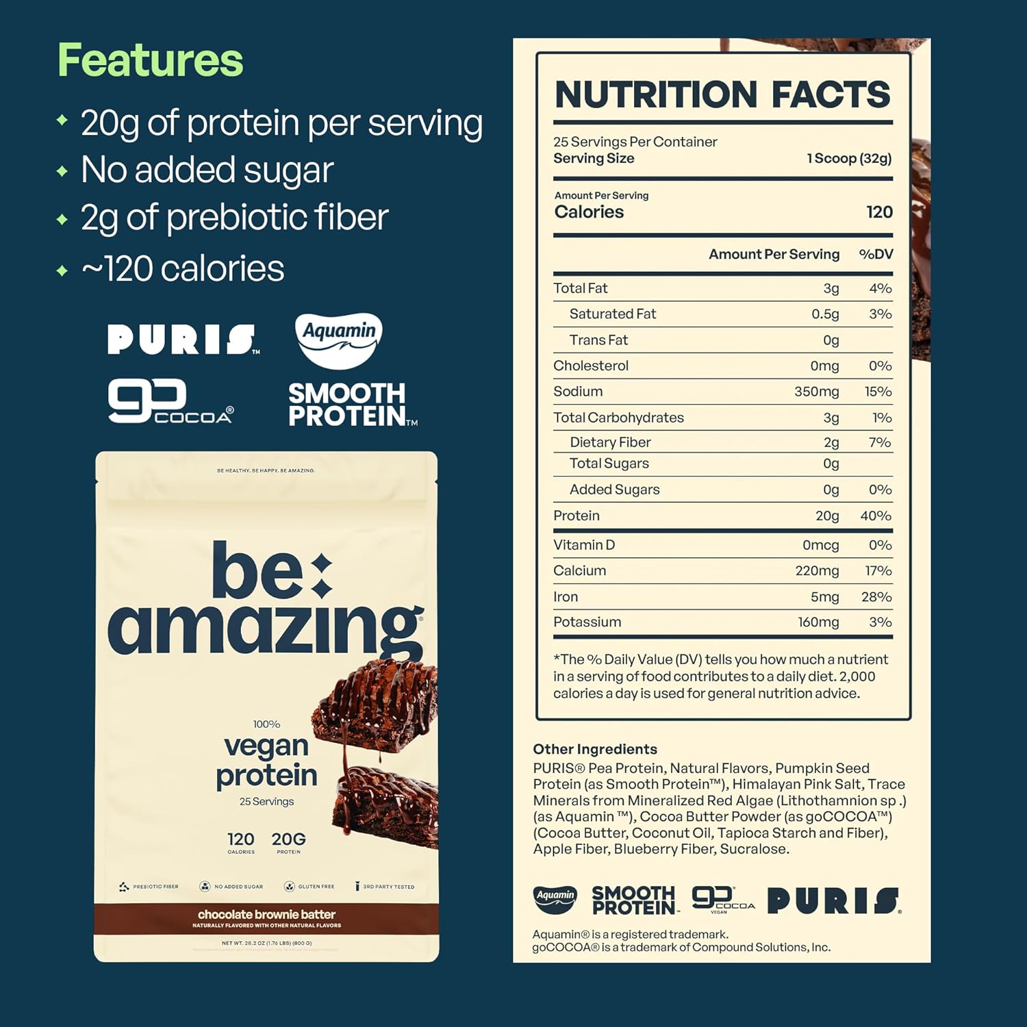BEAM Be Amazing Vegan Protein Powder: Chocolate Brownie Batter, 20g Plant-Based Protein, Prebiotics, Sugar & Gluten-Free, Low Carb Smoothie Mix - 25 Servings