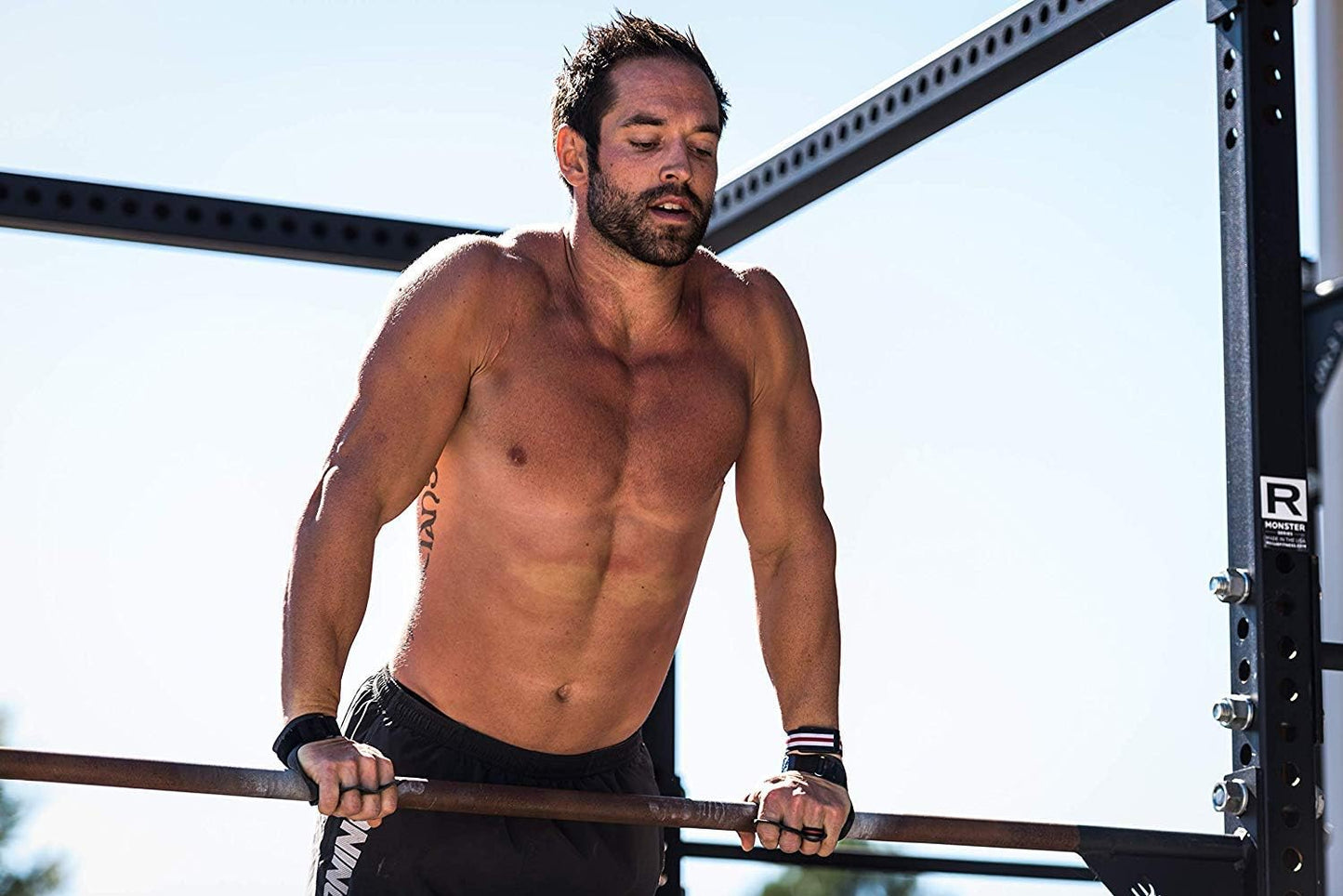 Bear KompleX 2 Hole Leather Hand Grips for Crossfit, Weightlifting, WOD - Palm Grips with Wrist Wraps for Hand Protection (1 Pair)