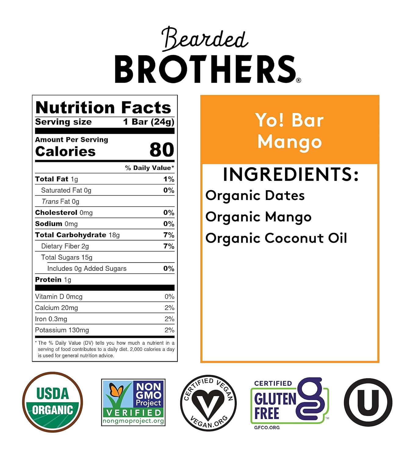 Bearded Brothers Mango Vegan Organic Kids Bars - Pack of 25 | Gluten Free, Paleo, Whole 30, Soy Free, Non-GMO, Low Glycemic, No Sugar Added, High Fiber
