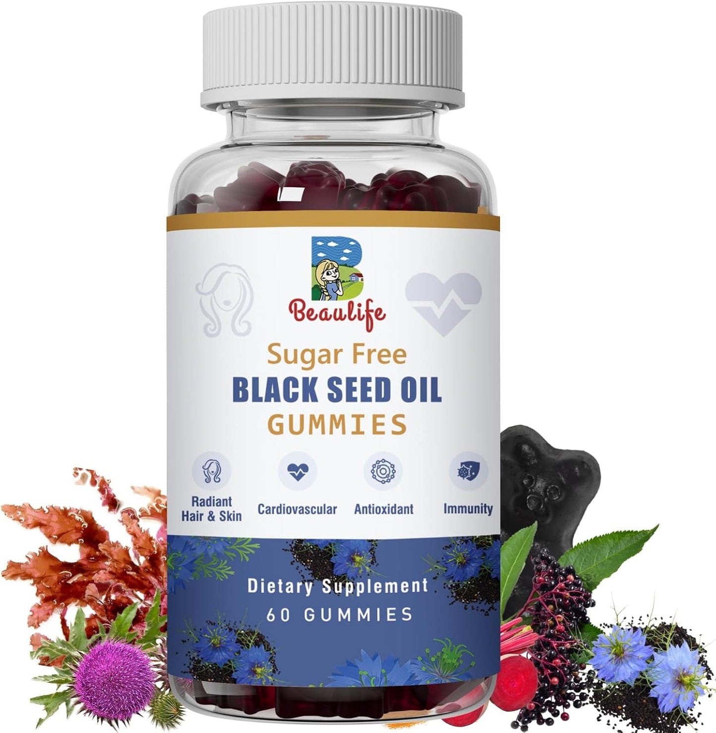 Beaulife Black Seed Oil Gummies with Sea Moss, Ashwagandha, Elderberry, Turmeric - Immune System Support with Vitamin C, D, Zinc, Beet Root Powder for Healthier Skin & Hair