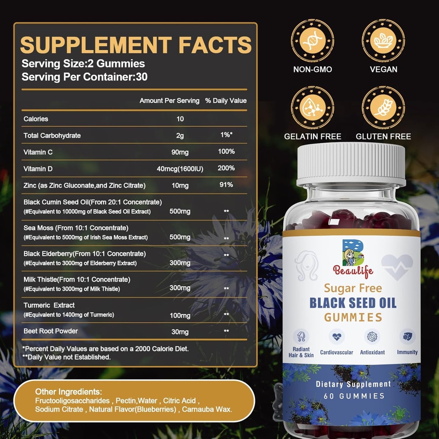 Beaulife Black Seed Oil Gummies with Sea Moss, Ashwagandha, Elderberry, Turmeric - Immune System Support with Vitamin C, D, Zinc, Beet Root Powder for Healthier Skin & Hair