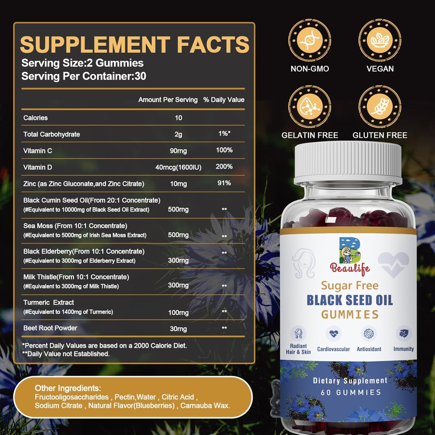 Beaulife Black Seed Oil Gummies with Sea Moss, Ashwagandha, Elderberry, Turmeric - Immune System Support with Vitamin C, D, Zinc, Beet Root Powder for Healthier Skin & Hair