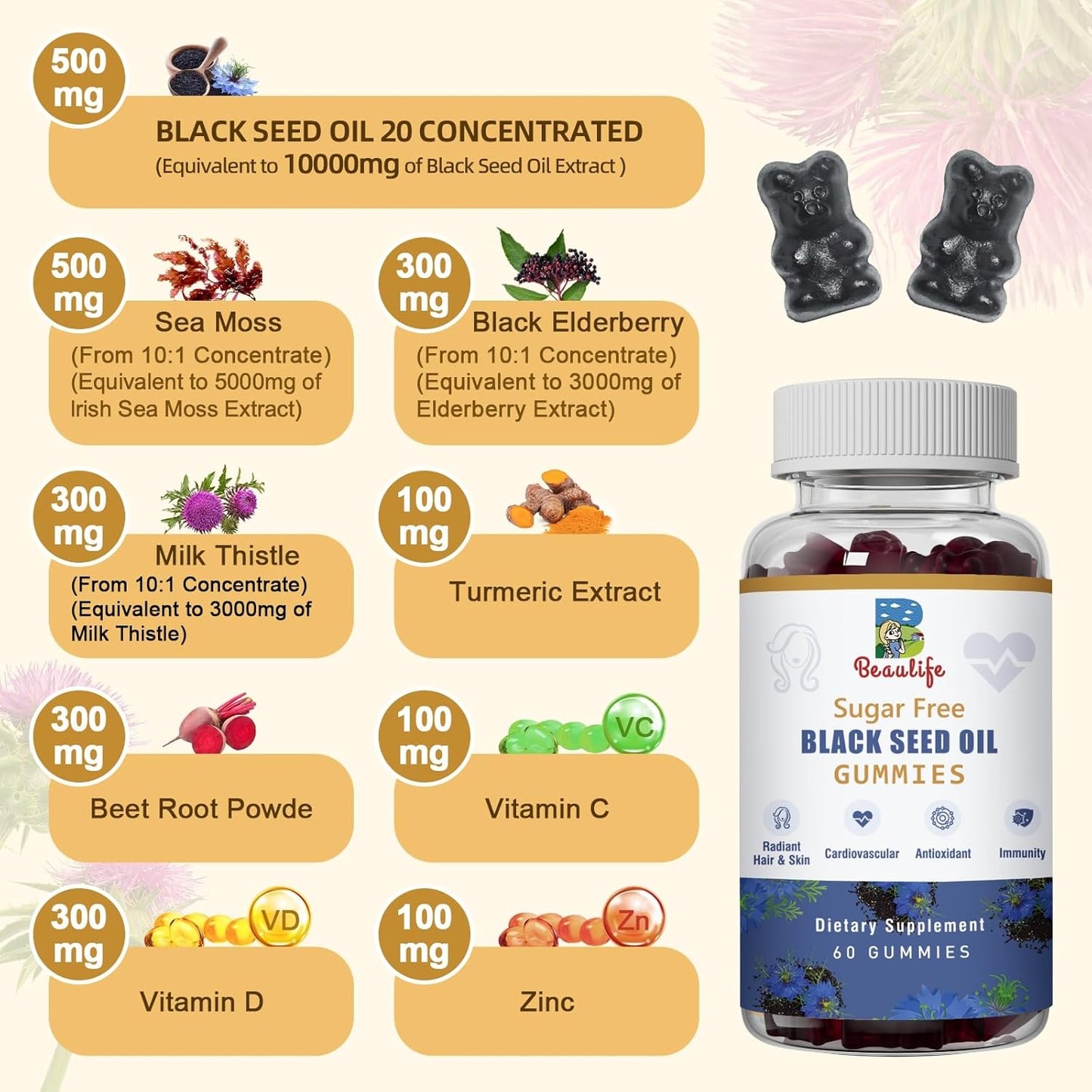 Beaulife Black Seed Oil Gummies with Sea Moss, Ashwagandha, Elderberry, Turmeric - Immune System Support with Vitamin C, D, Zinc, Beet Root Powder for Healthier Skin & Hair