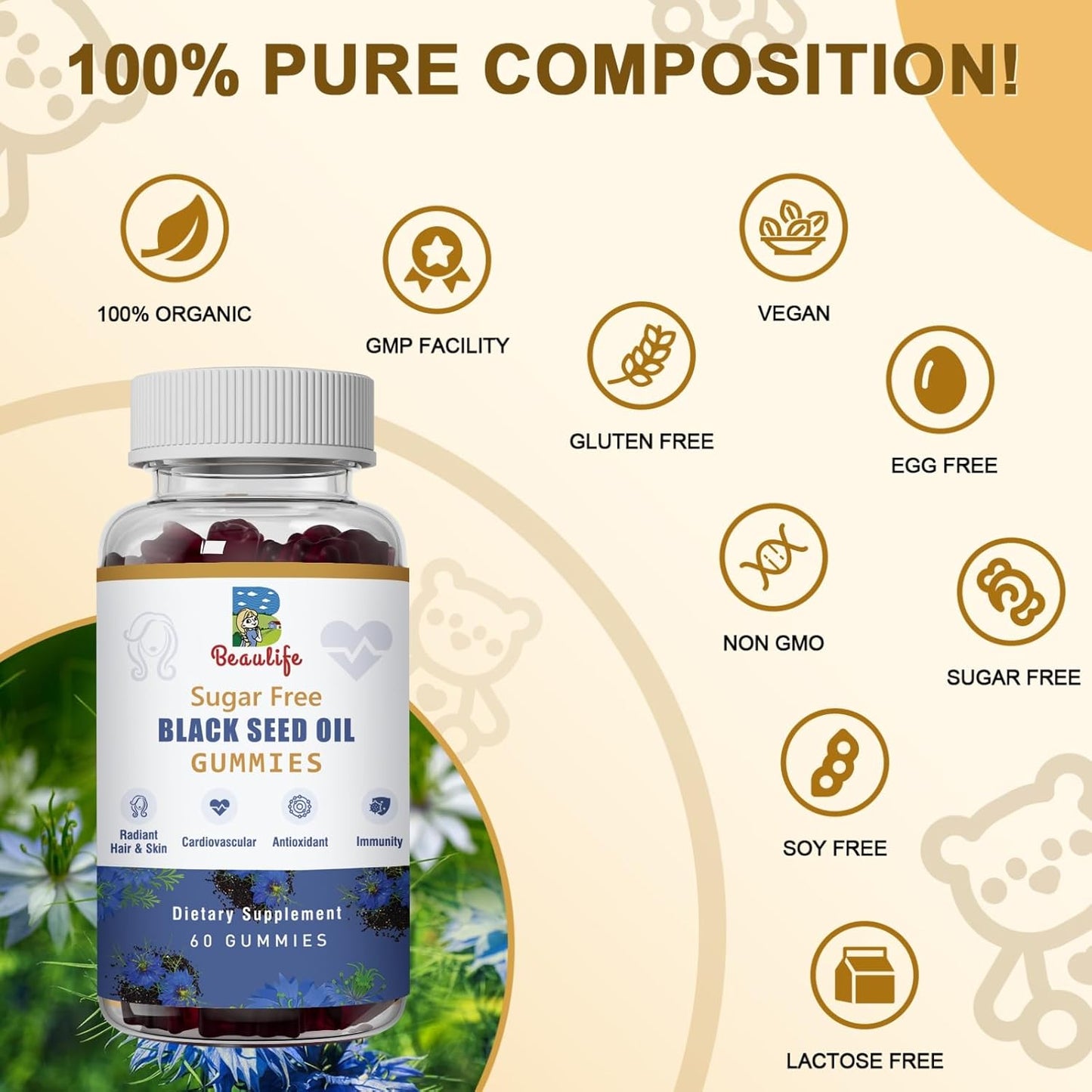 Beaulife Black Seed Oil Gummies with Sea Moss, Ashwagandha, Elderberry, Turmeric - Immune System Support with Vitamin C, D, Zinc, Beet Root Powder for Healthier Skin & Hair