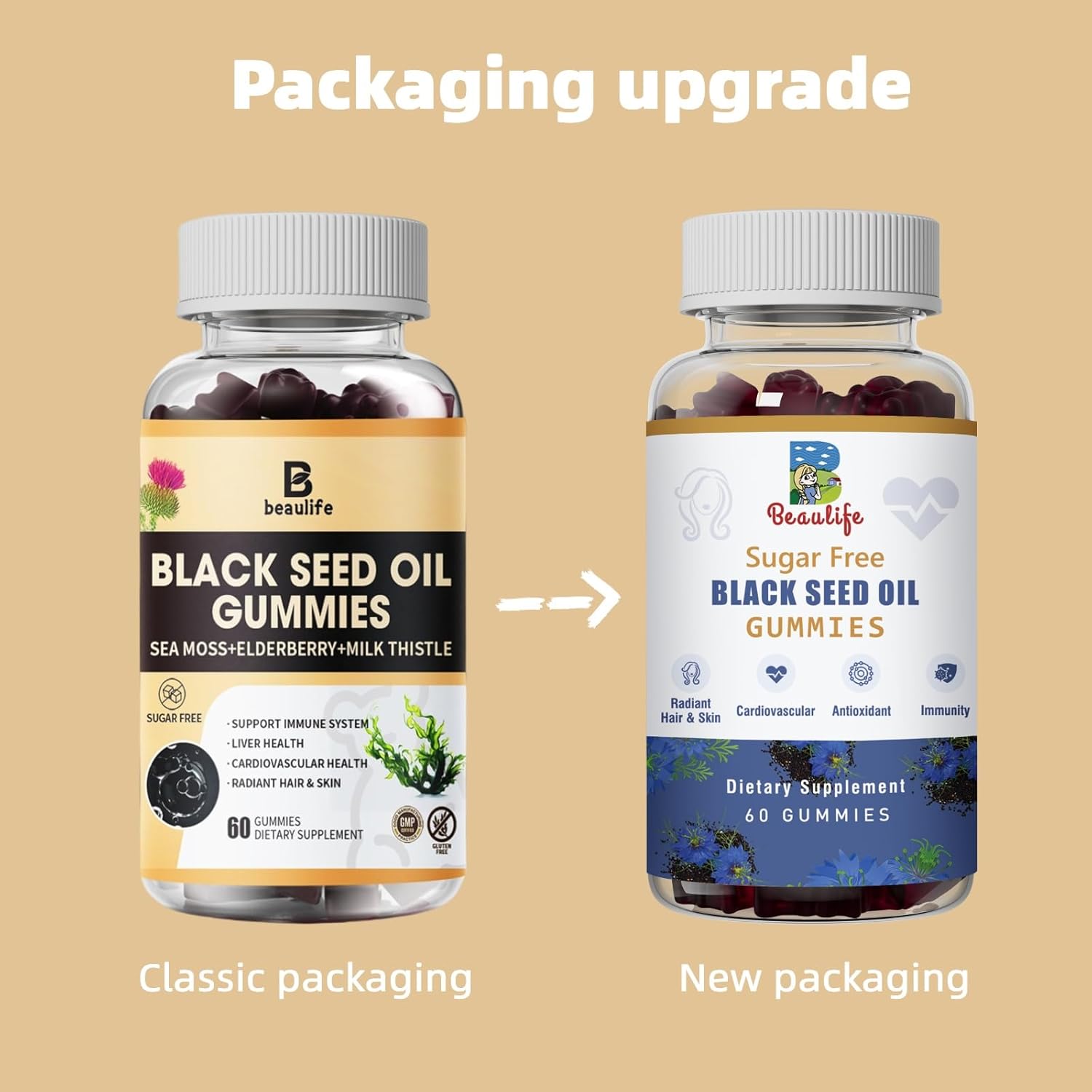 Beaulife Black Seed Oil Gummies with Sea Moss, Ashwagandha, Elderberry, Turmeric - Immune System Support with Vitamin C, D, Zinc, Beet Root Powder for Healthier Skin & Hair