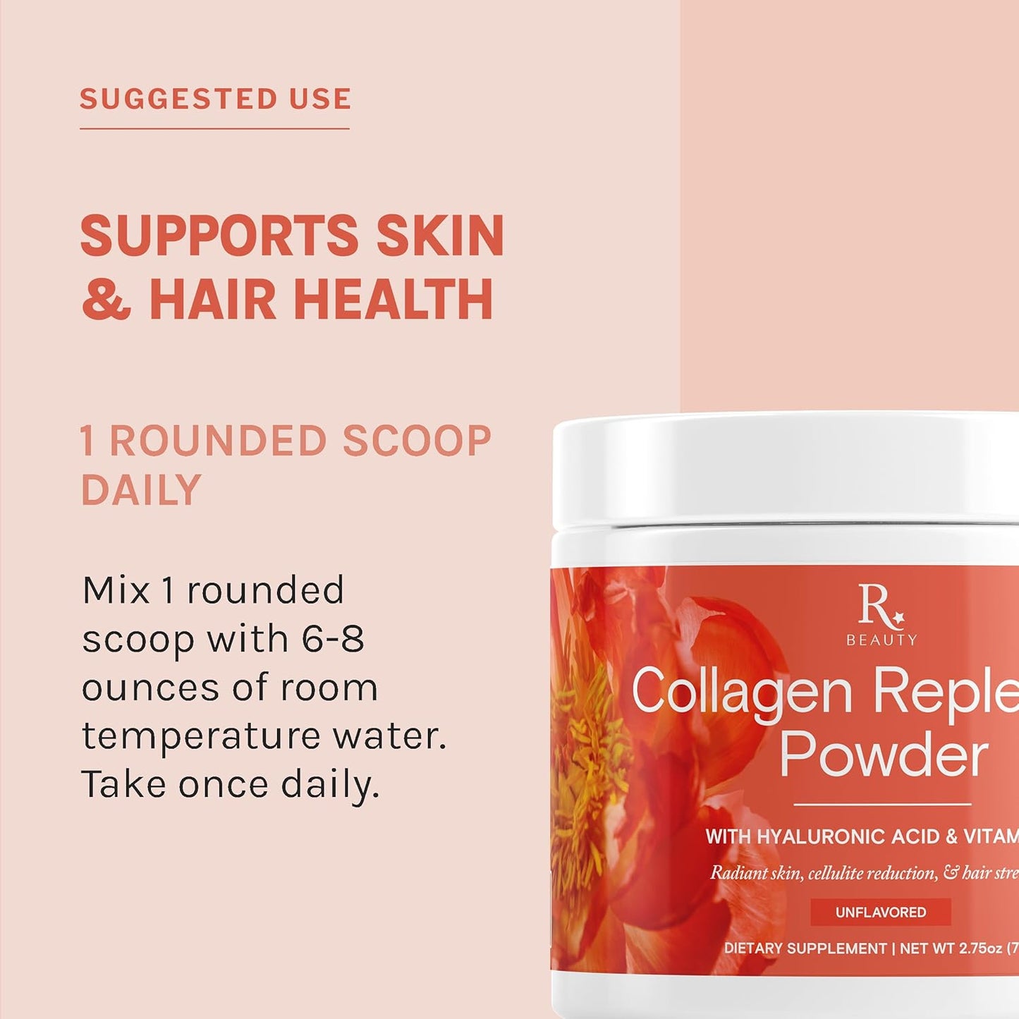 Beauty Collagen Replenish Powder with Hyaluronic Acid & Vitamin C - No-Taste Formula for Skin, Hair, & Cellulite - Easy Mix in Liquid or Smoothie - 2.75 oz