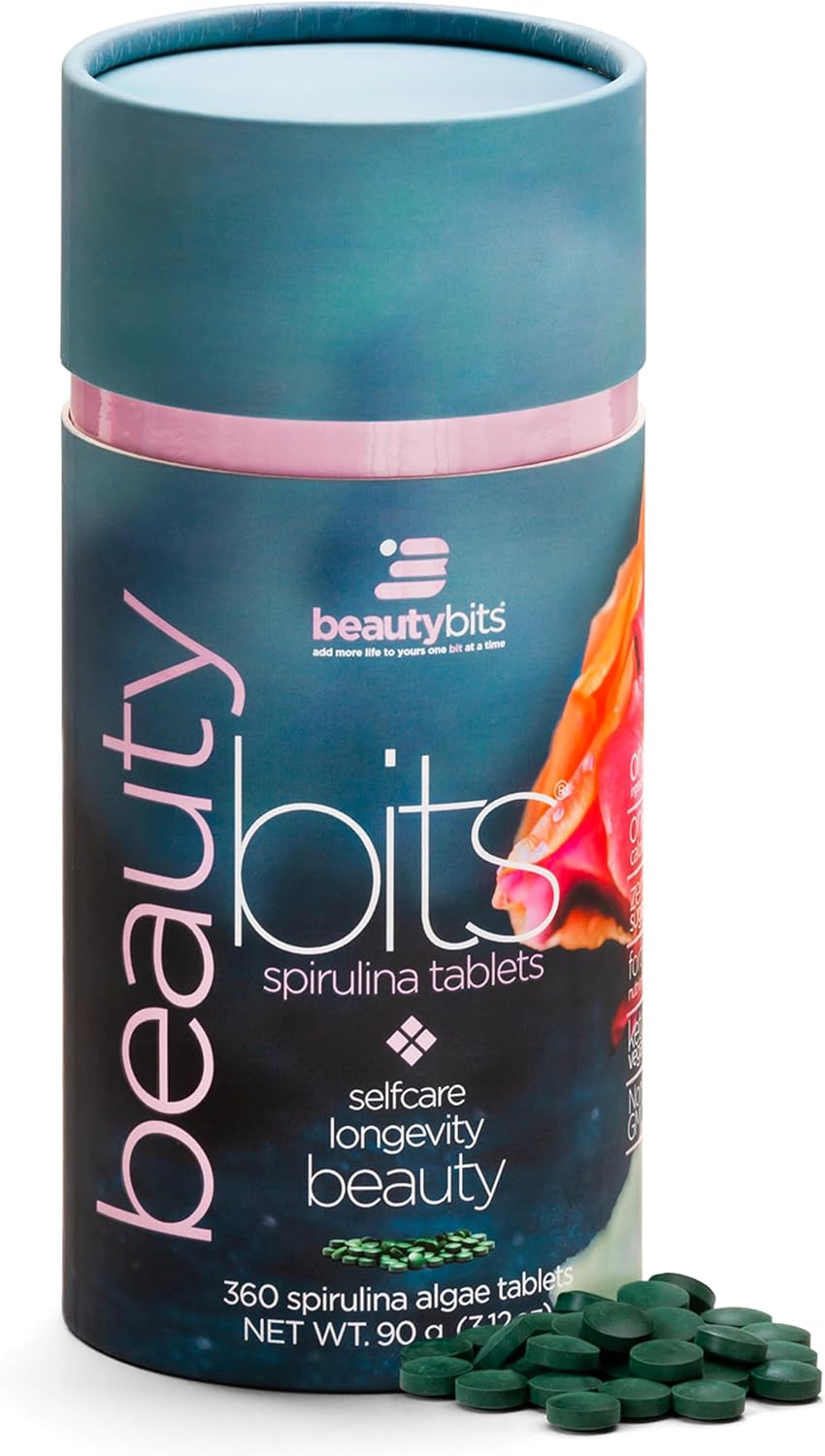 BEAUTYbits Organic Spirulina Tablets with Collagen, Protein, and Chlorophyll for Hair, Nails, and Skin Care - Vegan, Keto, Gluten Free - Skincare Beauty Gifts - 360 Tablet Can - BoostGo Australia