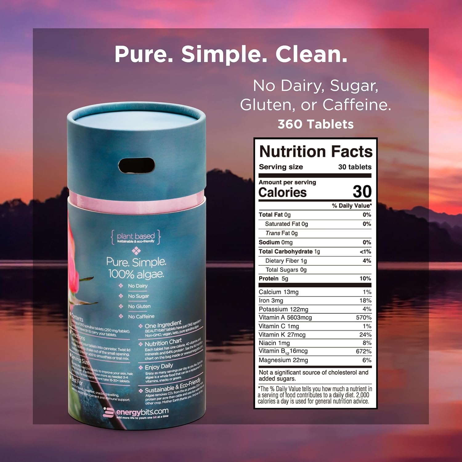 BEAUTYbits Organic Spirulina Tablets with Collagen, Protein, and Chlorophyll for Hair, Nails, and Skin Care - Vegan, Keto, Gluten Free - Skincare Beauty Gifts - 360 Tablet Can - BoostGo Australia