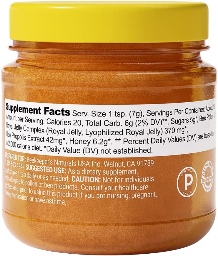 Beekeeper's Naturals Superfood Honey with Bee Pollen, Royal Jelly, Propolis - Boost Energy, Immunity, Mental Focus, Performance - 4.4 oz