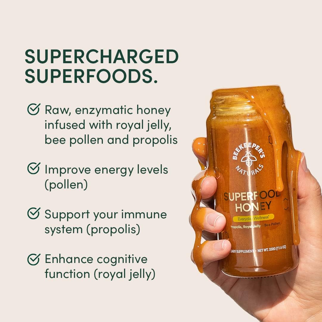 Beekeeper's Naturals Superfood Honey with Bee Pollen, Royal Jelly, Propolis - Boost Energy, Immunity, Mental Focus, Performance - 4.4 oz