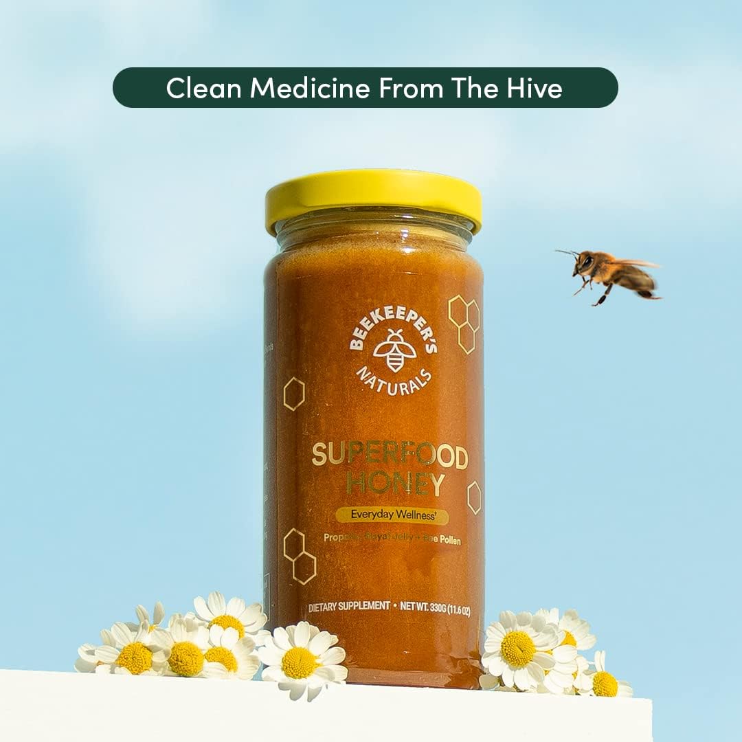 Beekeeper's Naturals Superfood Honey with Bee Pollen, Royal Jelly, Propolis - Boost Energy, Immunity, Mental Focus, Performance - 4.4 oz