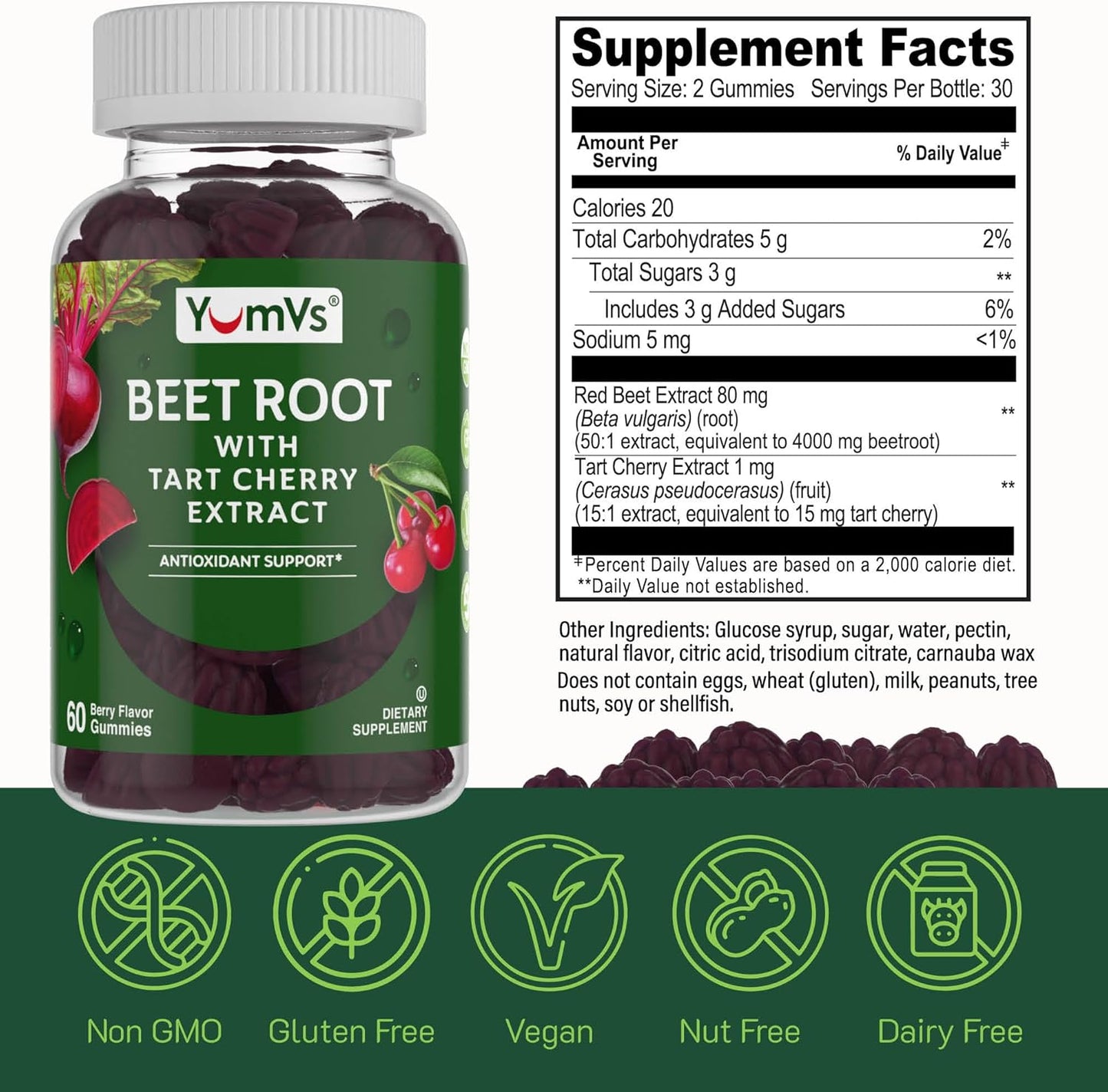 Beet Root Gummies with Tart Cherry Extract - Berry Flavor for Blood Circulation and Antioxidant Support - Pack of 2 - 60 Count