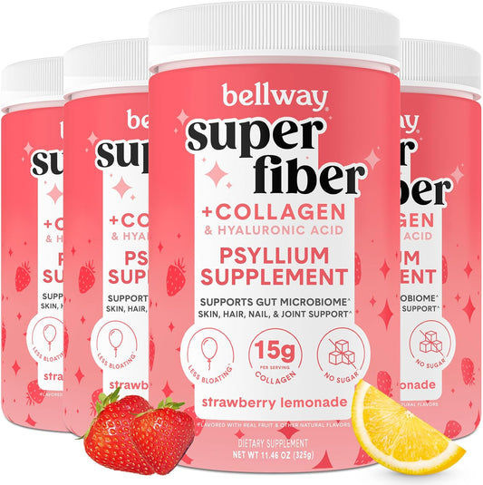 Bellway Super Fiber Powder + Collagen (4 Pack) - Strawberry Lemonade Flavor for Gut Health & Healthy Skin - Sugar-Free Psyllium Husk Powder with Collagen Peptides (45.84 oz)