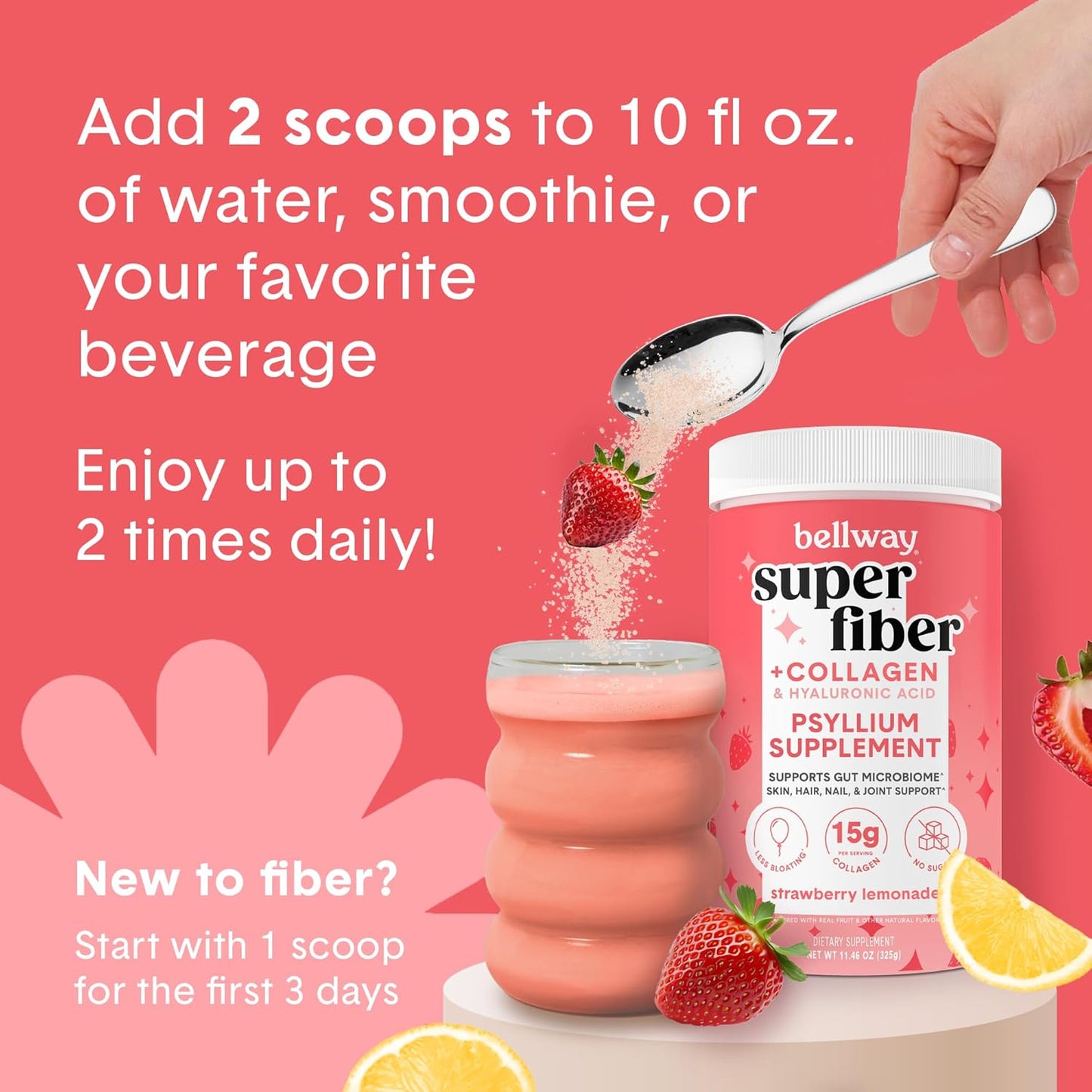 Bellway Super Fiber Powder + Collagen (4 Pack) - Strawberry Lemonade Flavor for Gut Health & Healthy Skin - Sugar-Free Psyllium Husk Powder with Collagen Peptides (45.84 oz)