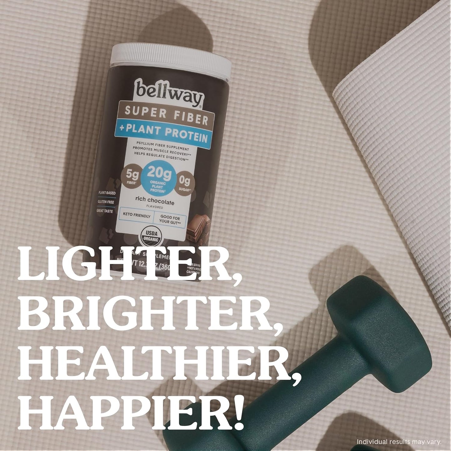 Bellway Super Fiber + Protein Powder: Rich Chocolate, 12.7 oz - Organic Sugar-Free Psyllium Husk Fiber Supplement with 20g Plant Protein