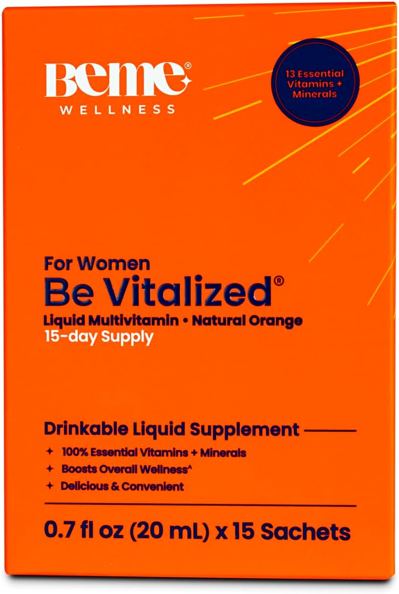 BeMe Be Vitalized Liquid Multivitamin for Women - Daily Women's Health & Wellness Supplement Drink with A, B-Complex, C, D, E, K, Calcium, Zinc, Magnesium - 15 Sachets, Orange Flavor