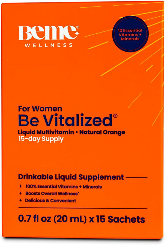 BeMe Be Vitalized Liquid Multivitamin for Women - Daily Women's Health & Wellness Supplement Drink with A, B-Complex, C, D, E, K, Calcium, Zinc, Magnesium - 15 Sachets, Orange Flavor