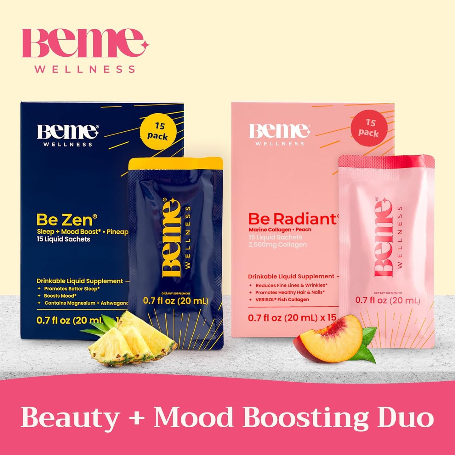 BeMe BeRadiant Peach & BeZen Liquid Collagen + Magnesium Glycinate L-Theanine Bundle