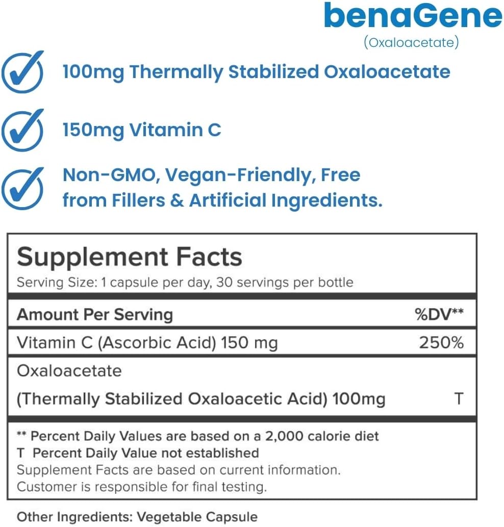 Benagene Oxaloacetate Supplement with Vitamin C for Cellular Energy - Non-GMO & Vegan - 30 Servings - BoostGo Australia