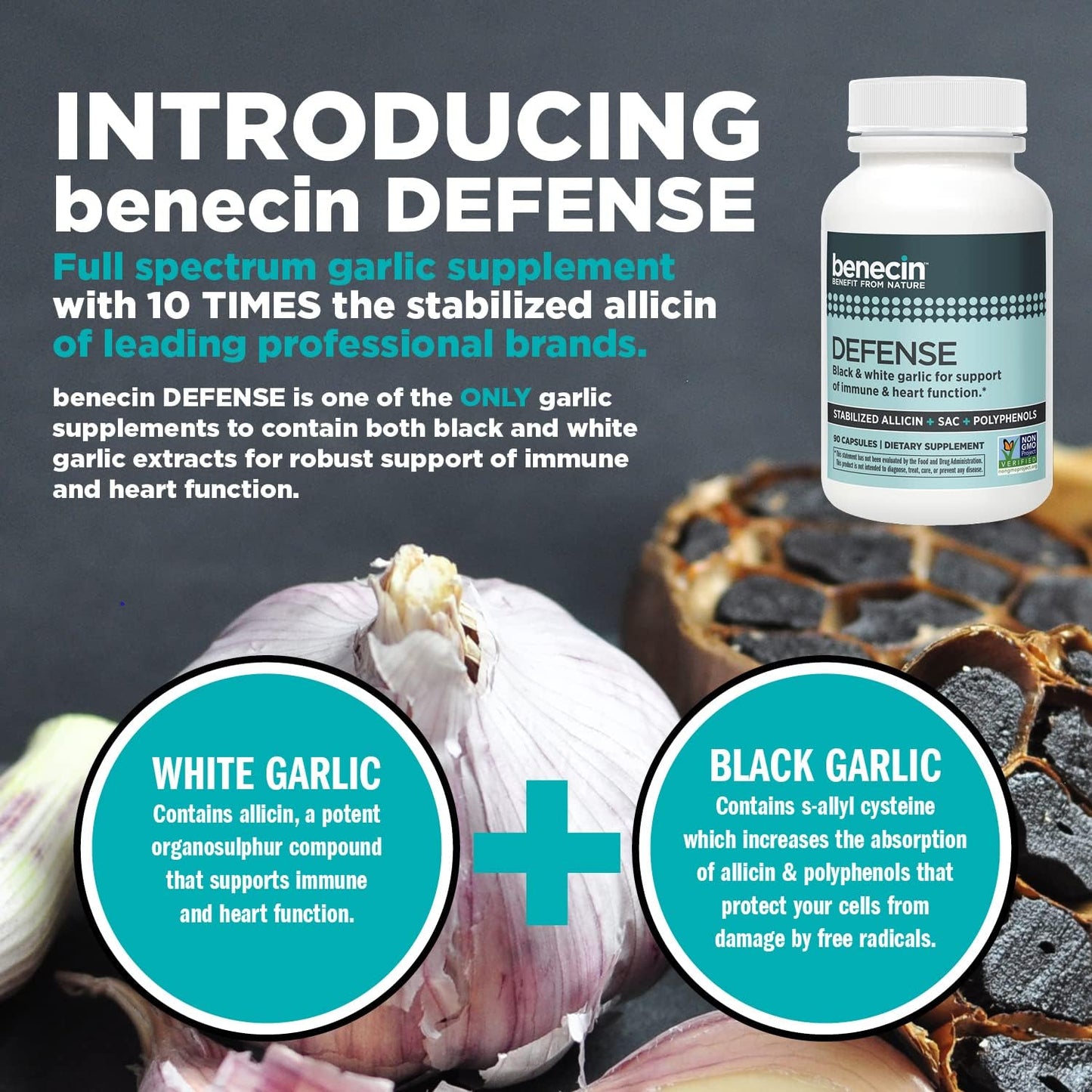 Benecin Defense Capsules with 1500 mcg Stabilized Allicin, SAC, and Polyphenols from Black Garlic for Immune and Heart Health (360 Count)
