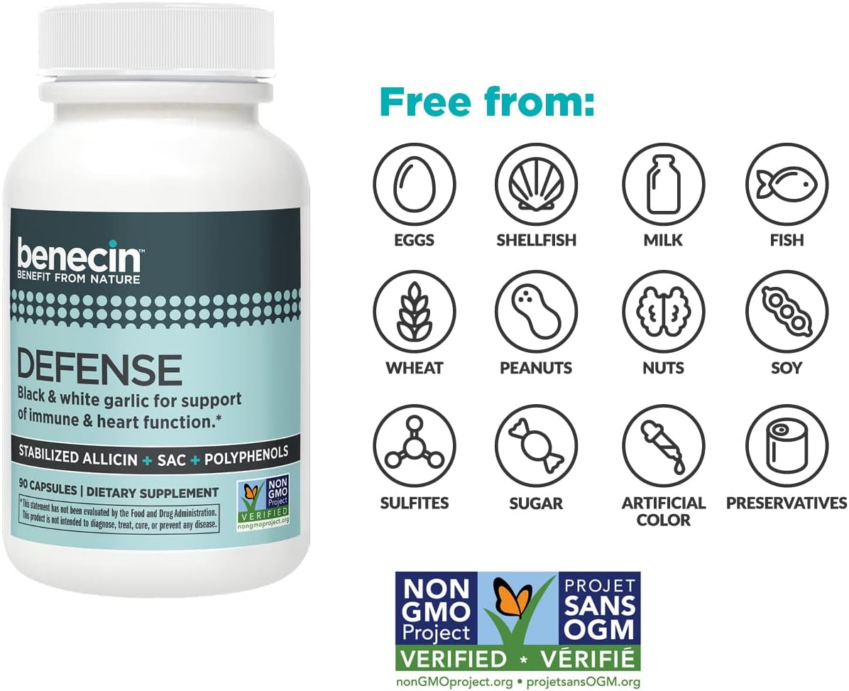 Benecin Defense Capsules with 1500 mcg Stabilized Allicin, SAC, and Polyphenols from Black Garlic for Immune and Heart Health (360 Count)