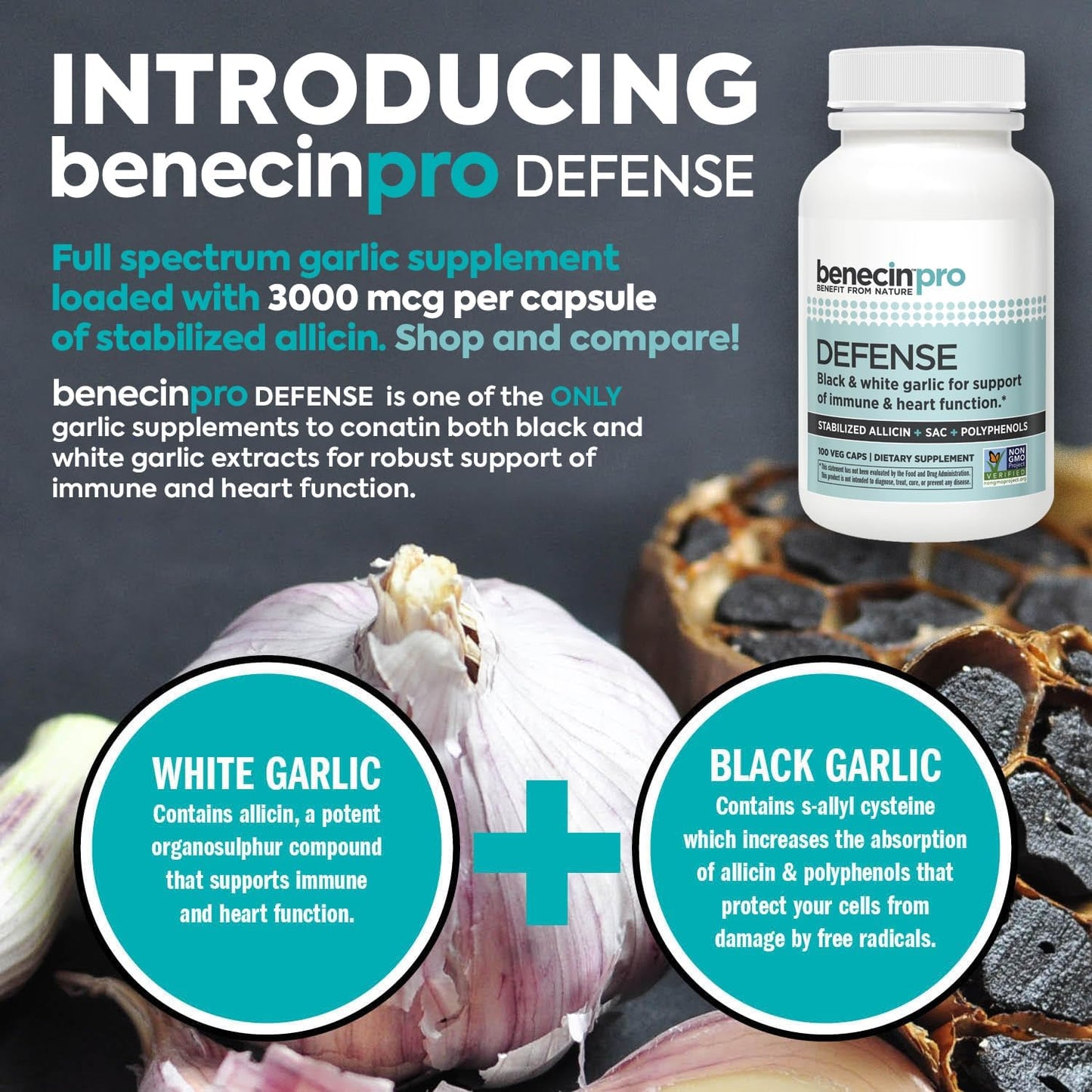 Benecin Defense PRO Capsules - High Allicin, SAC & Polyphenols - Immune & Heart Support - Vegetarian - 100 Count