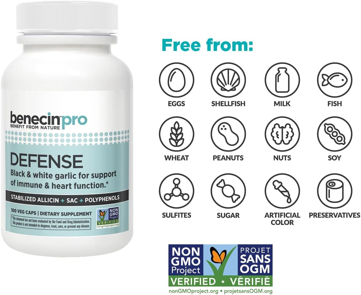 Benecin Defense PRO Capsules - High Allicin, SAC & Polyphenols - Immune & Heart Support - Vegetarian - 100 Count