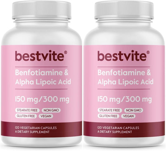 Benfotiamine 150mg and Alpha Lipoic Acid 300mg Capsules - 240 Vegetarian Capsules (120x2) - Vegan, Gluten Free, Non GMO - No Stearates