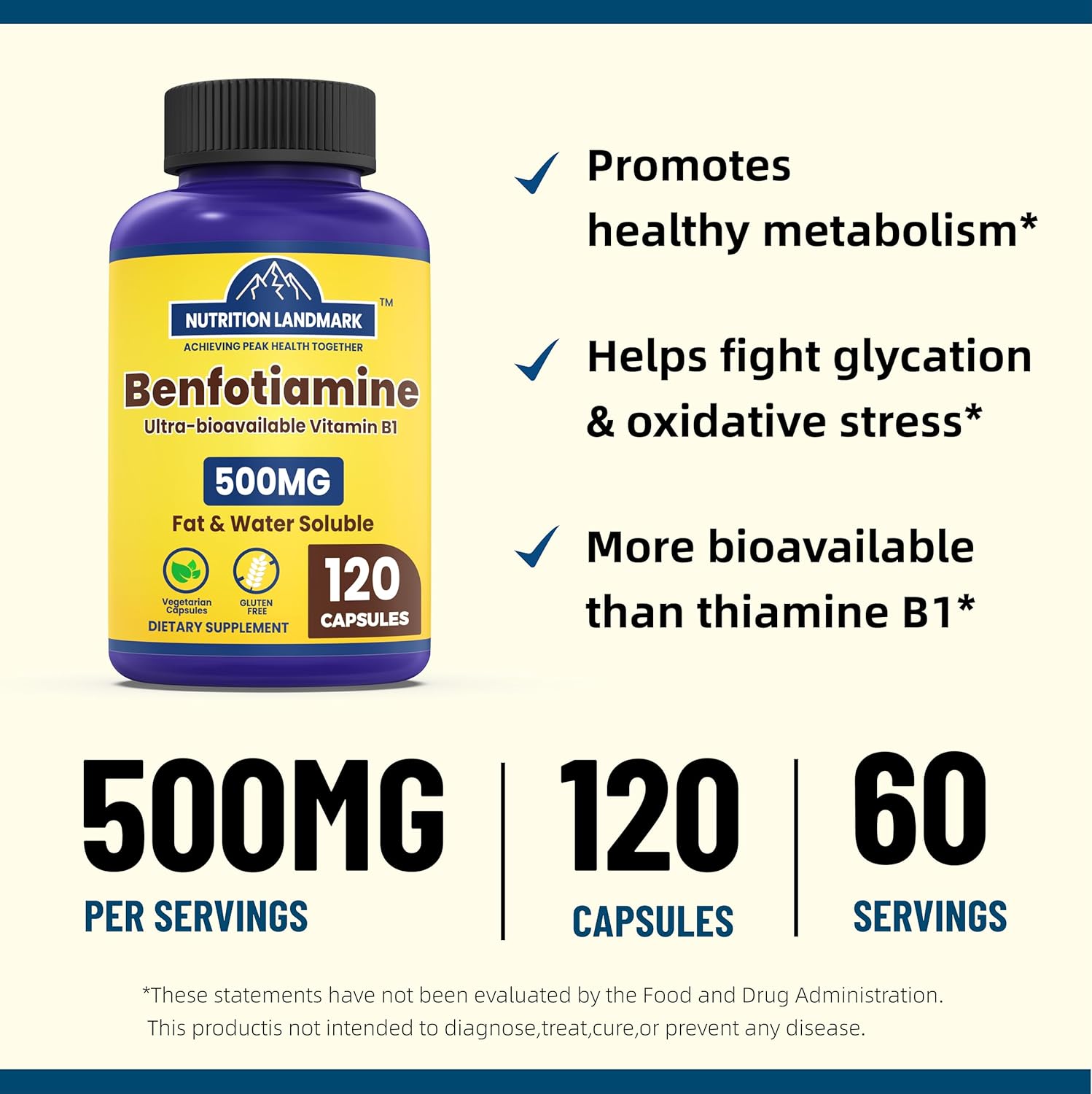 Benfotiamine 500mg Capsules - Gluten Free Thiamine B1 Supplement - 120 Count Bottle