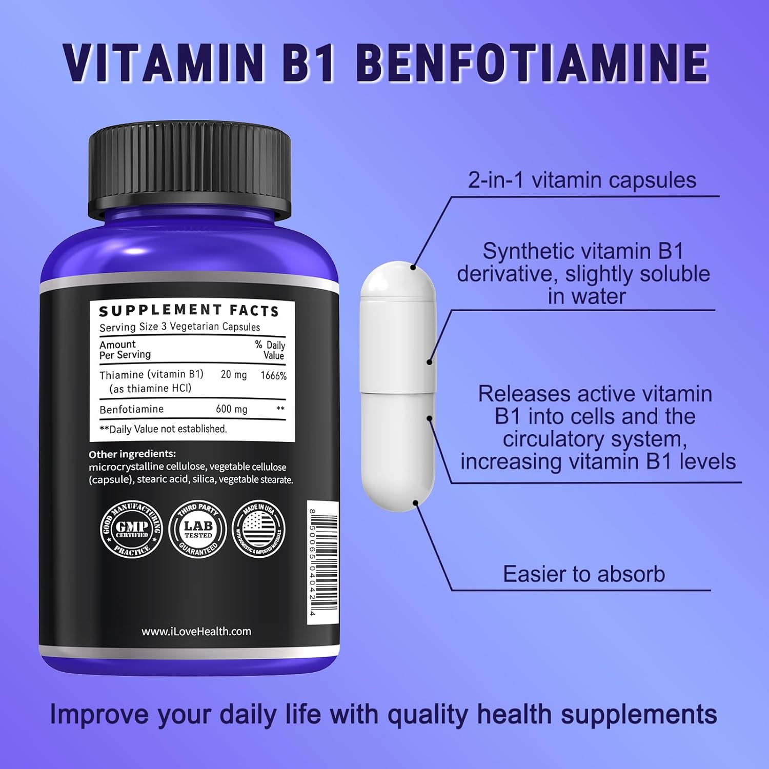 Benfotiamine 600mg with Vitamin B1 | 120 Veggie Capsules | USA Made | Third-Party Tested | Fat-Soluble Thiamine Supplement | Non-GMO & Gluten-Free-Vegetarian