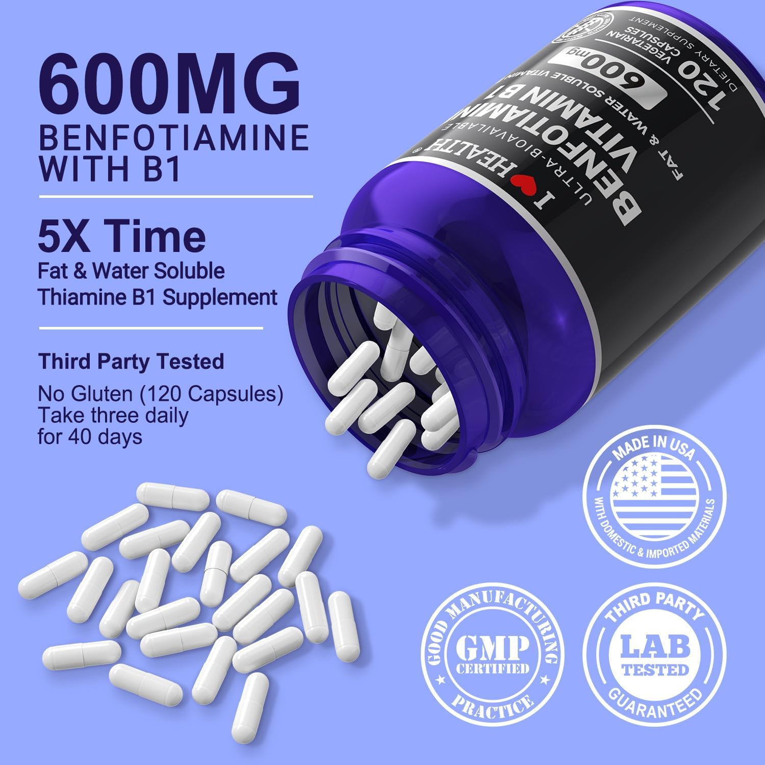 Benfotiamine 600mg with Vitamin B1 | 120 Veggie Capsules | USA Made | Third-Party Tested | Fat-Soluble Thiamine Supplement | Non-GMO & Gluten-Free-Vegetarian