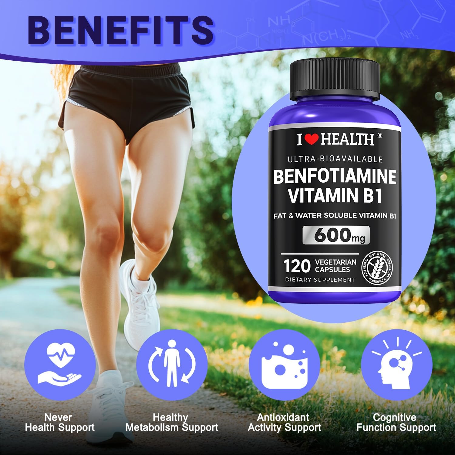 Benfotiamine 600mg with Vitamin B1 | 120 Veggie Capsules | USA Made | Third-Party Tested | Fat-Soluble Thiamine Supplement | Non-GMO & Gluten-Free-Vegetarian