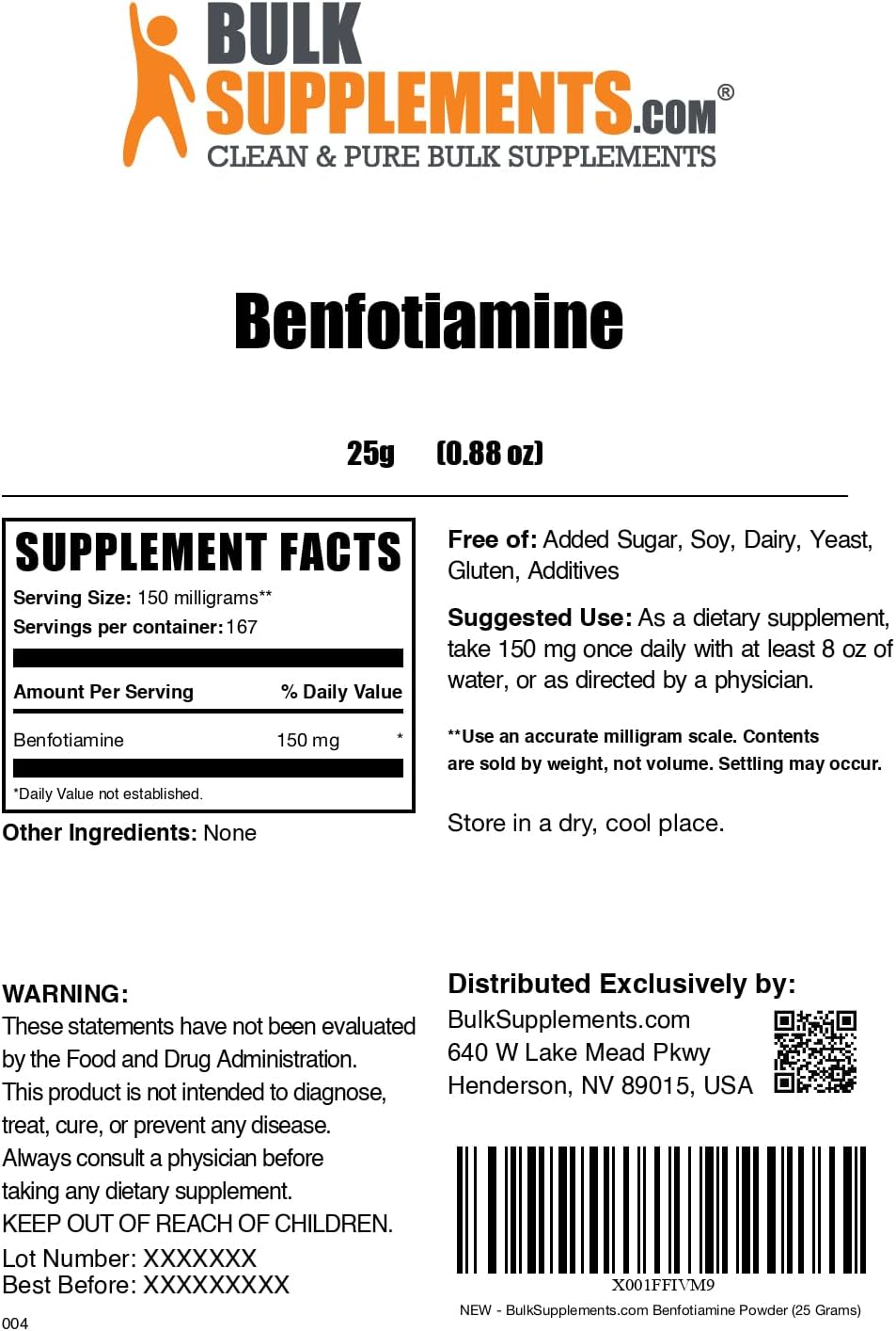 Benfotiamine Powder 150mg - Gluten Free Thiamine B1 Supplement - Pack of 1 - 25g (0.88 oz) - Benfotiamine Supplement