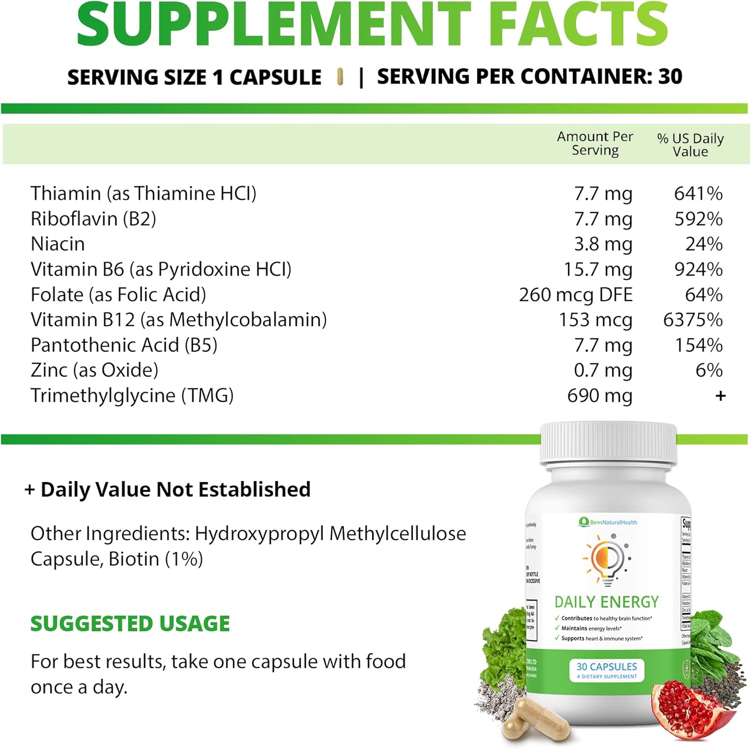 Ben's Natural Health Vitamin B Complex Energy Supplements with TMG - Daily Multivitamin for Energy, Memory, and Mood Support - Herbal Vitamins for Women - 30 Day Supply