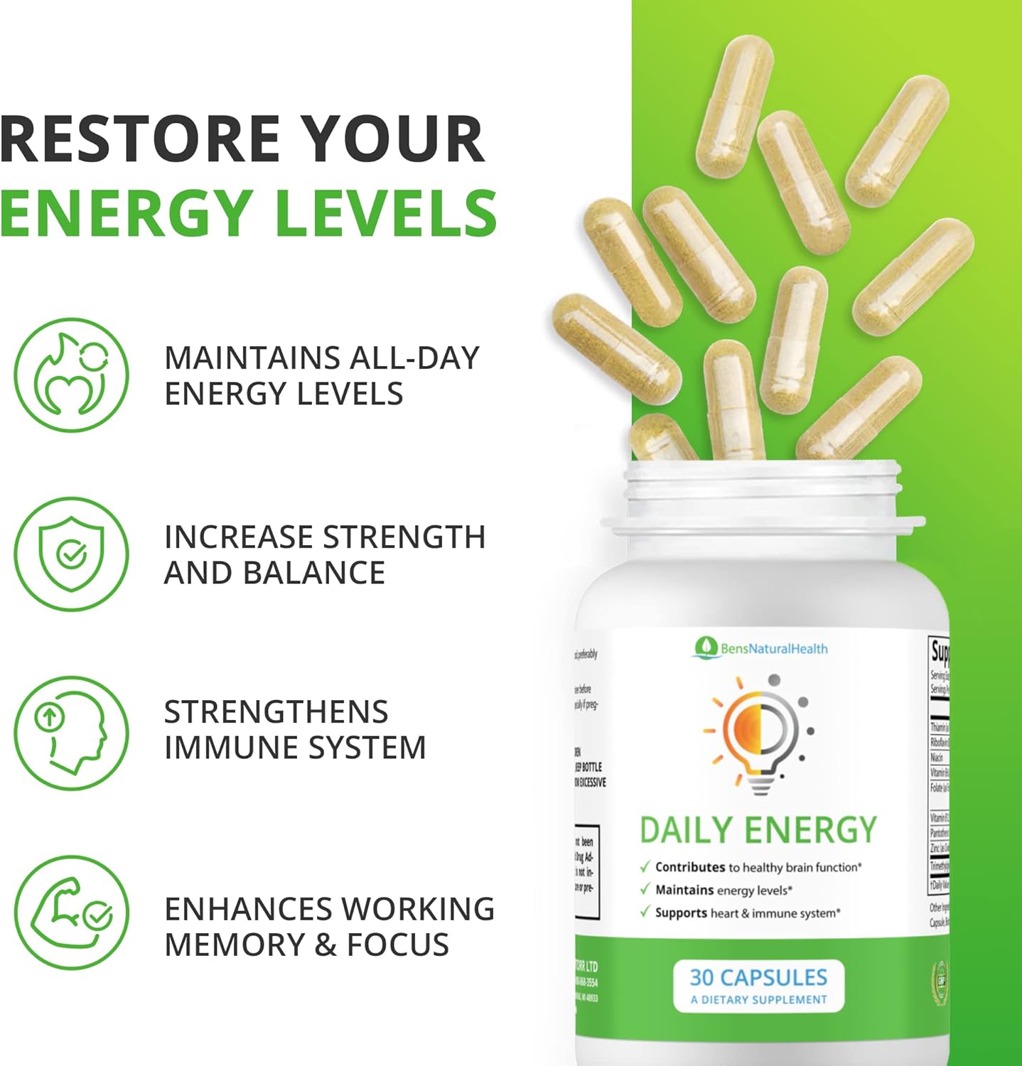 Ben's Natural Health Vitamin B Complex Energy Supplements with TMG - Daily Multivitamin for Energy, Memory, and Mood Support - Herbal Vitamins for Women - 30 Day Supply