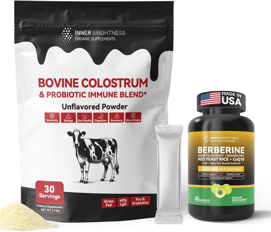Berberine 1300mg with Green Tea Extract, Resveratrol, CoQ10 & Colostrum Supplement Powder - Metabolic & Gut Health Support, Immune Boost - 30 Servings