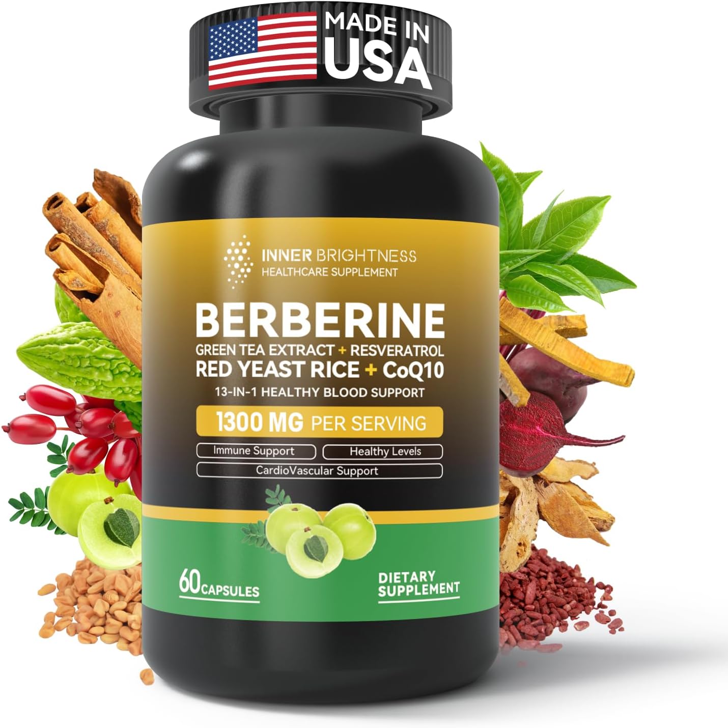 Berberine 1300mg with Green Tea Extract, Resveratrol, CoQ10 & Colostrum Supplement Powder - Metabolic & Gut Health Support, Immune Boost - 30 Servings