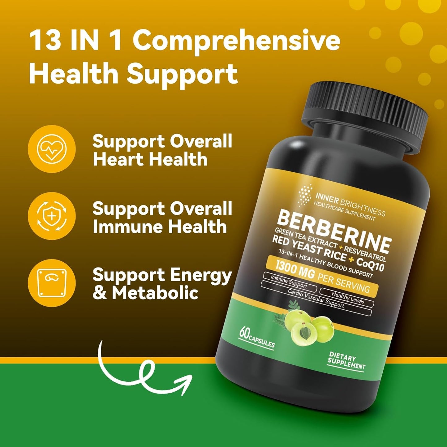 Berberine 1300mg with Green Tea Extract, Resveratrol, CoQ10 & Colostrum Supplement Powder - Metabolic & Gut Health Support, Immune Boost - 30 Servings