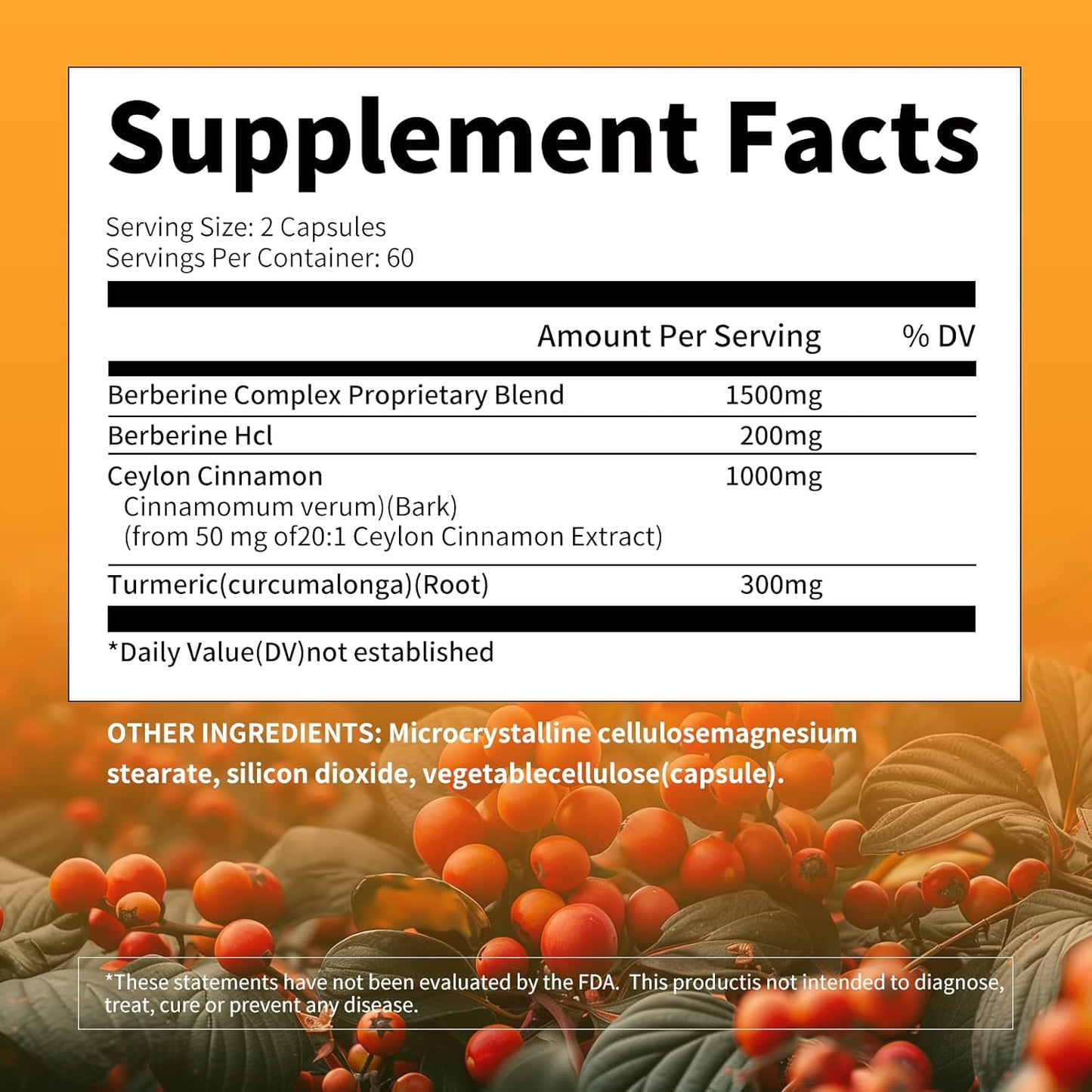 Berberine 1500mg Capsules with True Ceylon Cinnamon - 120 Count - Berberine HCI Root Supplement