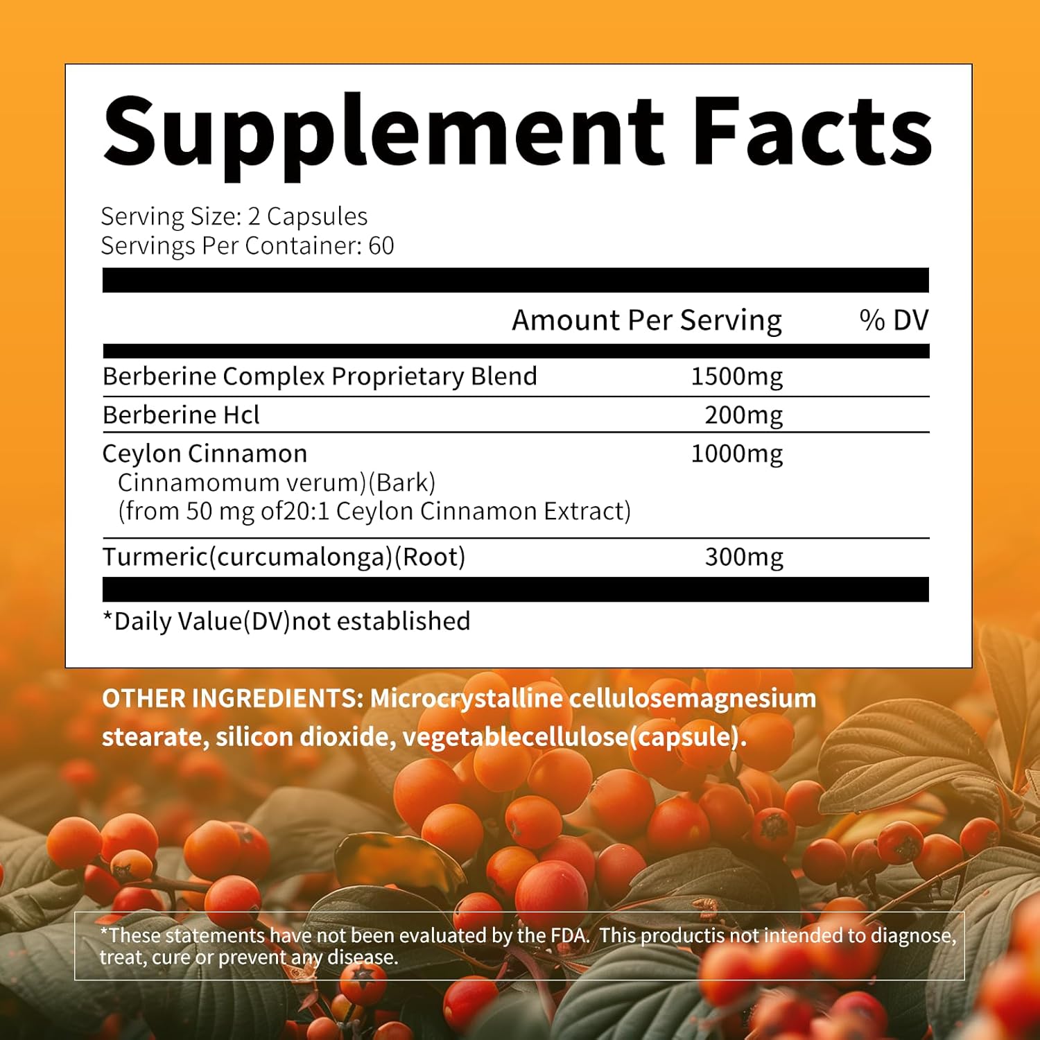 Berberine 1500mg Capsules with True Ceylon Cinnamon - 120 Count - Berberine HCI Root Supplement