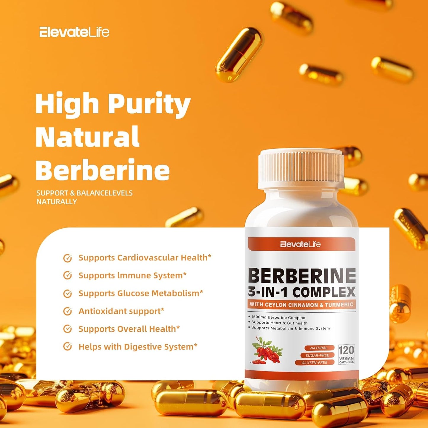 Berberine 1500mg Capsules with True Ceylon Cinnamon - 120 Count - Berberine HCI Root Supplement