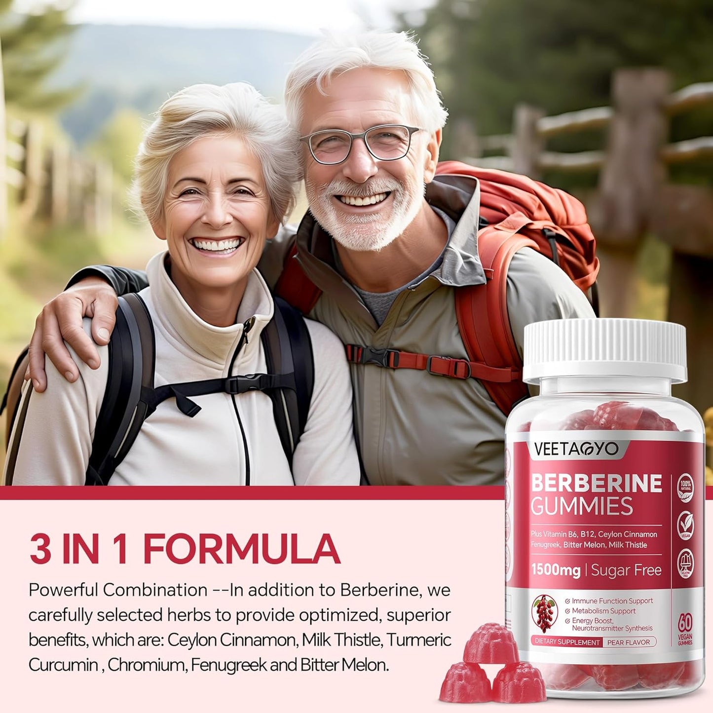 Berberine Gummies with B Complex and Vitamin C - 1500mg Supplement, Methylated Formula - 50 Gummies