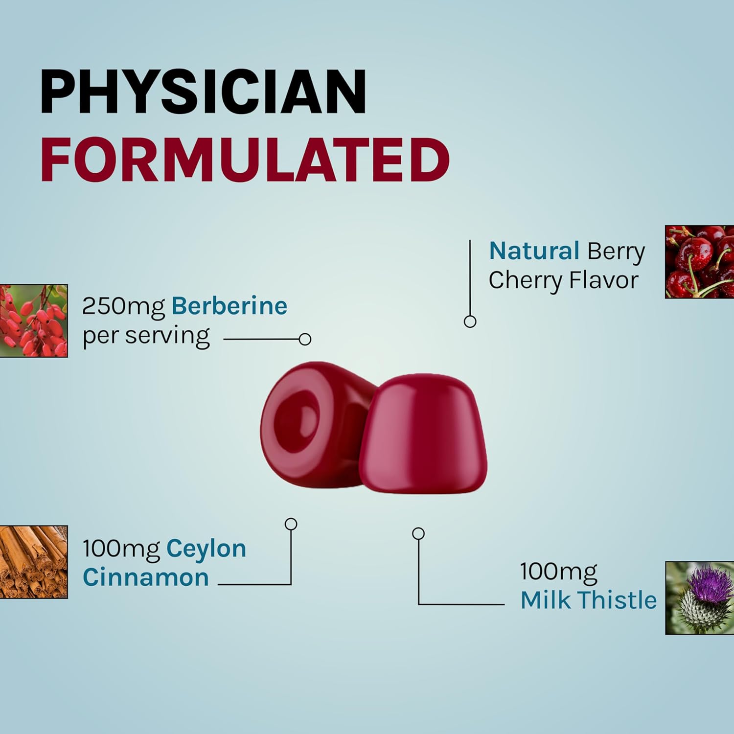 Berberine Gummies with Ceylon Cinnamon & Milk Thistle - Immune & Metabolism Support - Berry Cherry - 60 Count