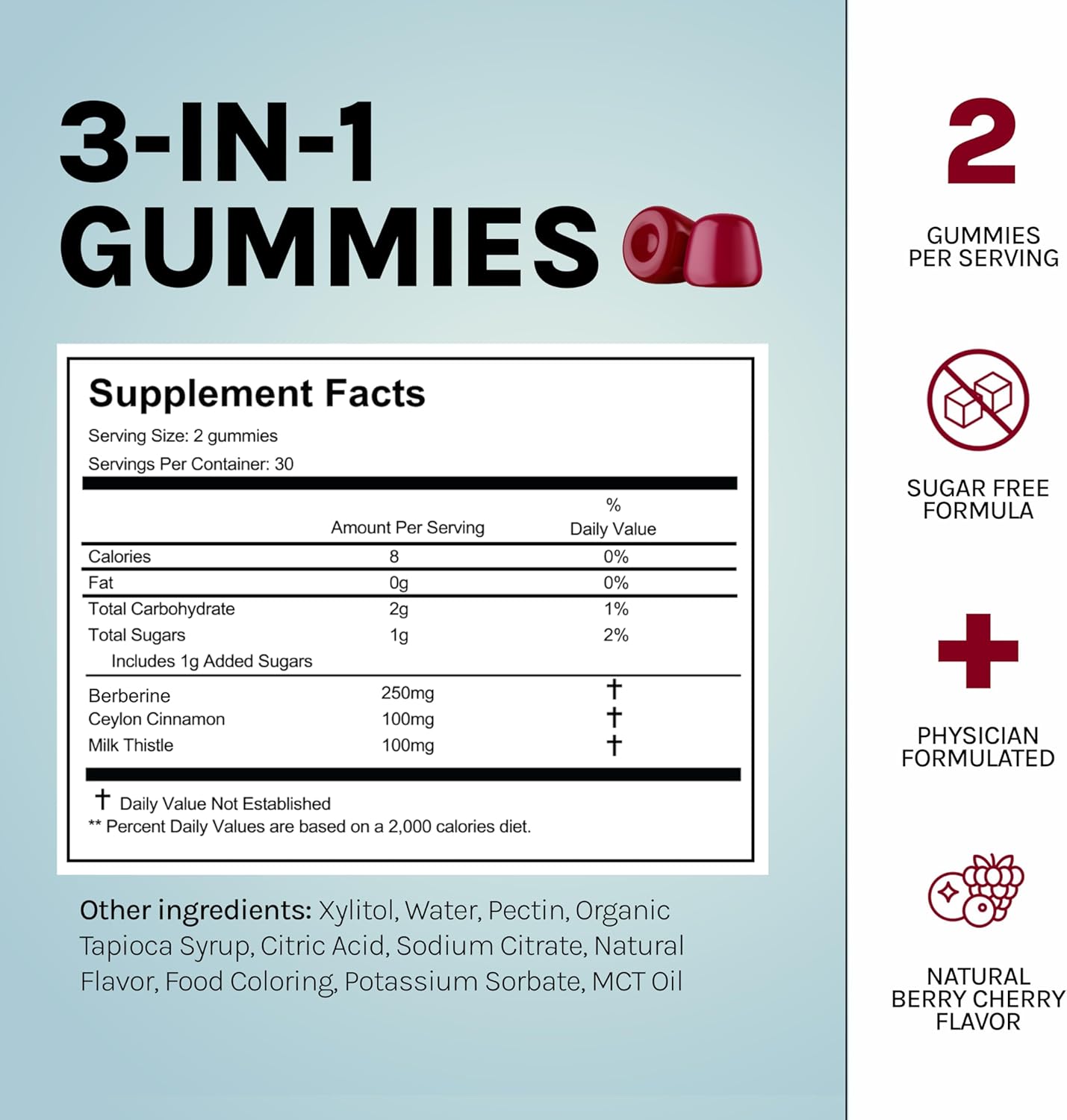 Berberine Gummies with Ceylon Cinnamon & Milk Thistle - Immune & Metabolism Support - Berry Cherry - 60 Count