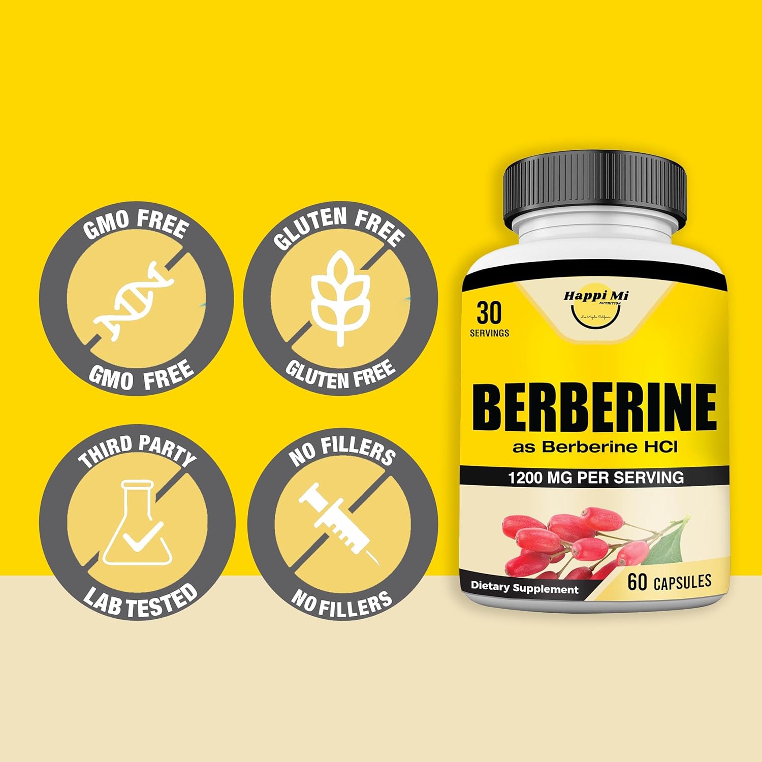 Berberine HCL 1200mg Capsules - Natural Berberine Supplement for Healthy Living - 60 Veggie Capsules