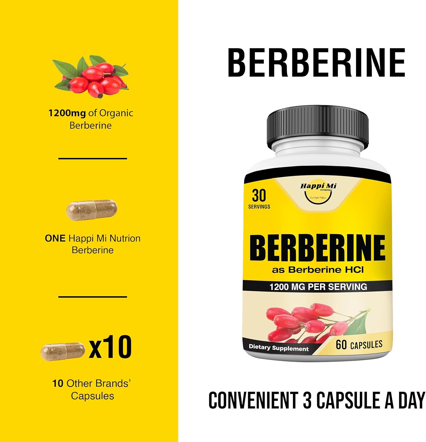 Berberine HCL 1200mg Capsules - Natural Berberine Supplement for Healthy Living - 60 Veggie Capsules