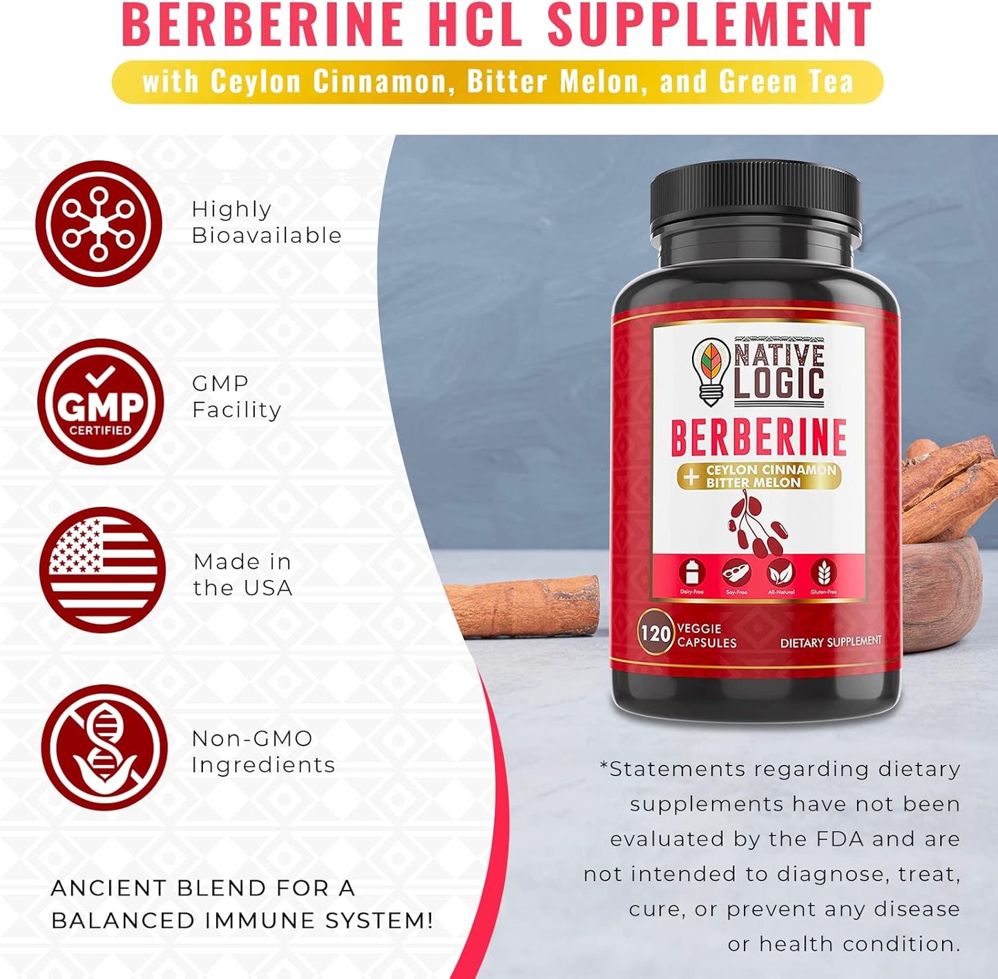 Berberine HCL 1200mg Capsules with Ceylon Cinnamon, Bitter Melon & Green Tea - Supports Cardiovascular, GI Health & Immune System (120 ct)